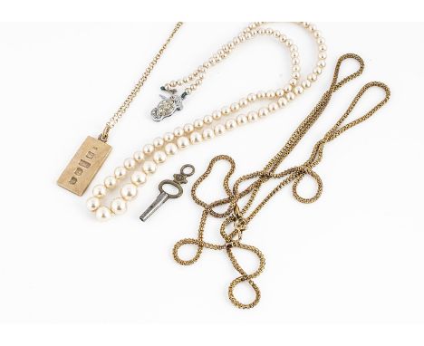 A 9ct gold ingot pendant and chain, 10g, together with a simulated pearl necklace and a gilt necklace (3)