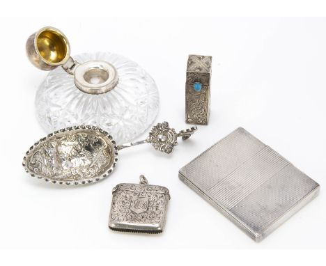 A modern cut glass and silver mounted inkwell and four other items, including a silver vesta case, a silver cigarette case, a