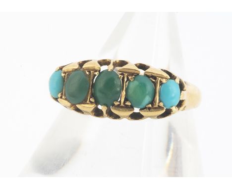 A George V 18ct gold turquoise five stone dress ring,  claw set, oval cabochons in claw setting, hallmarked Birmingham 1912, 