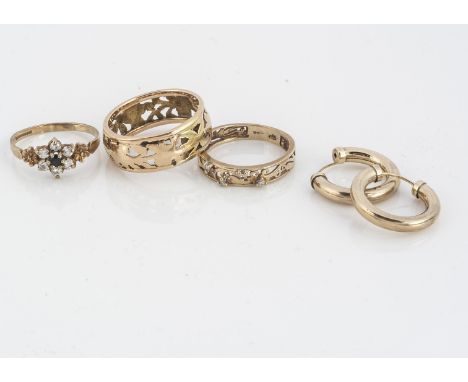 Three 9ct gold rings, comprising a pierced example, size P1/2, a diamond set example size M, CZ cluster ring size M, together