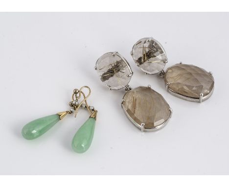 A pair of rock crystal Venus hair included ear drops, 4.5cm and a pair of jadeite jade and seed pearl drop earrings, 4cm 