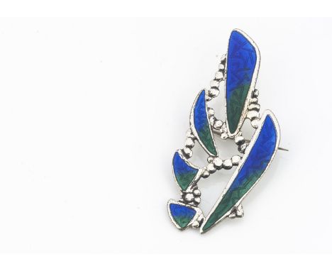 A contemporary silver and enamel brooch, oval shapes with bead pierced decoration, in green and blue enamel, hallmarked and d