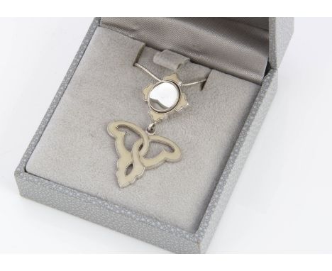 A Lalique silver enamel and glass art nouveau pendant, of pierced design, with pendant cabochon glass top, marked to chain 92