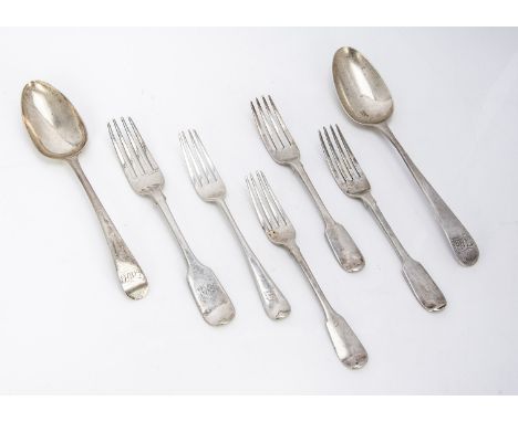 A pair of George III silver tablespoons and five silver forks, the spoons by William Sumner &amp; Richard Crossley, with a pa