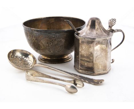 A Victorian silver sugar basin and other items of silver, including a pair of tongs, a Georgian mustard, damaged blue liner, 