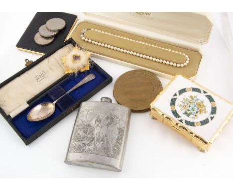 A collection of compacts and various coins, including a pewter hip flask with hunting scene, A Stratton make-up box cased sil