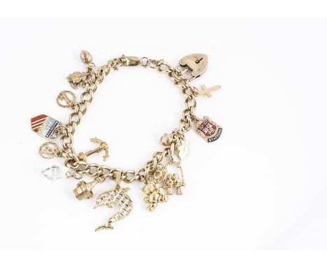 A 9ct gold charm bracelet, curb links set with two coloured dolphin, acorn, teddy bear, anchor and others, 39.4g