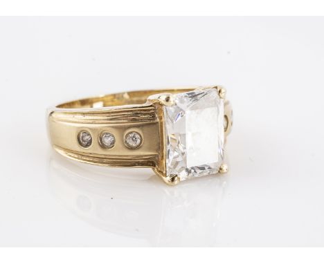 A contemporary 14ct gold and cz dress ring, the yellow gold polished and satin finished ring in claw setting, ring size N, 4.