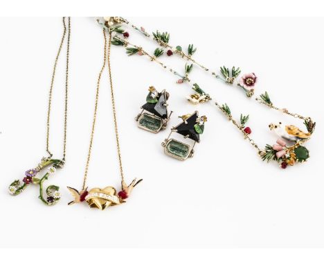 A collection of Les Nereides enamel jewellery, comprising three necklaces and a pair of earrings, including owl necklace with