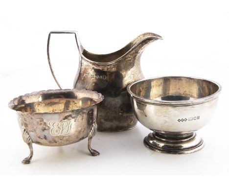 Three items of George V silver, including a thick gauge sugar basin, a Georgian style milk jug and a small bowl with George I