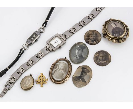 Two late 19th century oval open faced lockets,  with portrait photos, together with an Art Deco cocktail watch, an Alpha and 