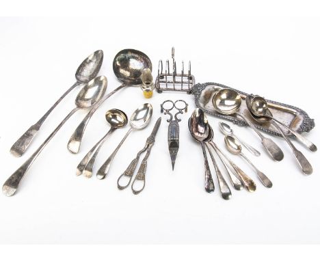 A collection of silver and white metal and silver plated items, including a Victorian silver teaspoon, a Russian coffee spoon