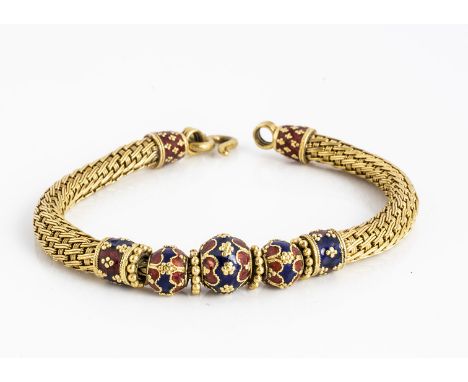 An Asian yellow metal and enamel bracelet, the central blue and red enamel beads, with woven yellow metal cord like chains, u