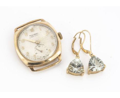 A pair of 9k marked topaz drop earrings, together with a 9ct gold cased Rotary Super-Sports watch (no strap)