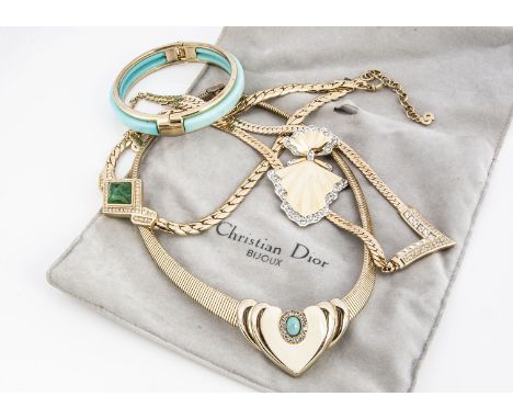 A Christian Dior paste set necklace, simulating emerald and diamonds, channel set, on a flattened curb linked chain, marked C