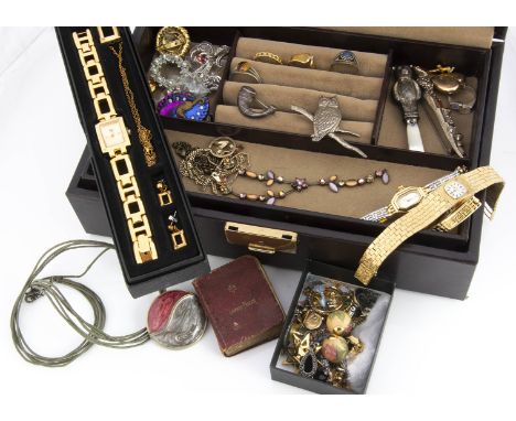 A collection of costume jewellery, including a silver infantry horn brooch, a white metal owl brooch, a Chester hallmarked te
