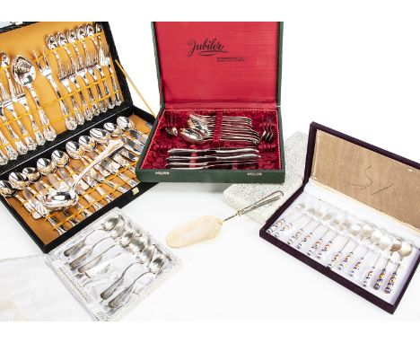 A five cased white metal and silver plated sets, including a silver plated kings pattern canteen of cutlery, a white metal an