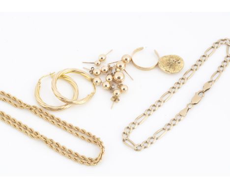 A quantity of 9ct gold including a pair of hoop earrings, a rope twist necklace, curb linked bracelet, 9ct toe ring, various 