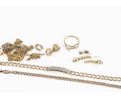 A collection of 9ct gold items, including a Cz set bracelet, a broken ring mount, curb linked bracelet (af) and other items 3