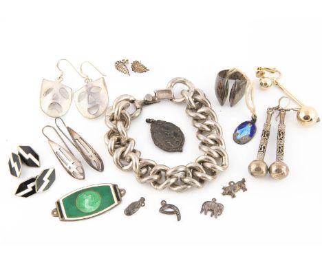 A collection of silver items,  including a pair of black and white enamel cufflinks, a silver ring, a pair of 'Drama' ear dro