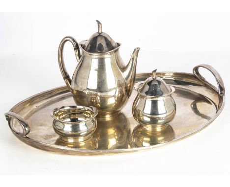 A stylish modern Mexican silver tea set and tray, the oval twin handled tray 48.5cm wide and 55 ozt, marked to rim, with a te