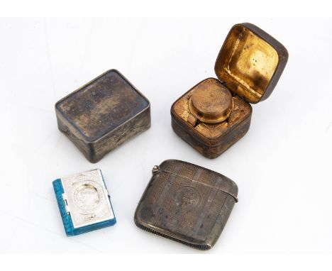 A Victorian silver vesta case, together with a small Japanese box, a George V silver Jubilee book and a travelling ink well