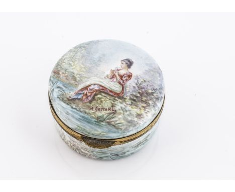 A signed enamel circular box with hinged lid, of circular shape, decorated with a seated women in a red dress holding flowers