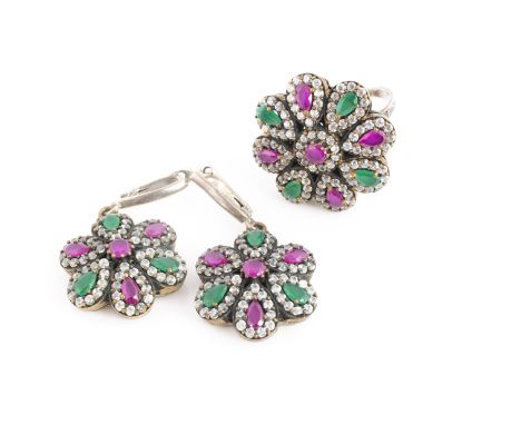 A suite of silver and gem set jewels, comprising a floral ring with red and green and colourless stone set as a flower and a 