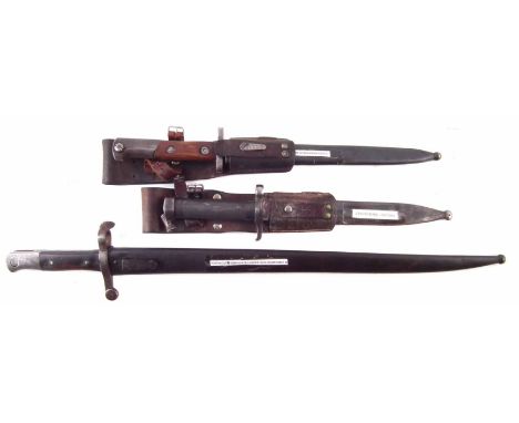 Three bayonets, to include a Swedish 1896 bayonet with scabbard and leather frog, the blade stamped E.A.B. also a Portuguese 