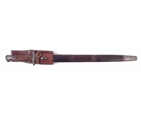 British Lee Enfield SMLE 1919 bayonet, scabbard and leather frog, stamped Wilkinson 1909 overstamped to 1919. 58cm overall le