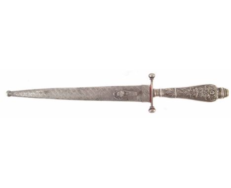 Society dagger and scabbard by Pencer and Co. London, with mask headed grip and floral boss scabbard, 31cm overall length We 