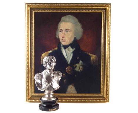 Ronald Fountain (of Glossop) Horatio Nelson portrait, oil on canvas, 61cm x 51cm  together with a metal bust of Nelson on bla