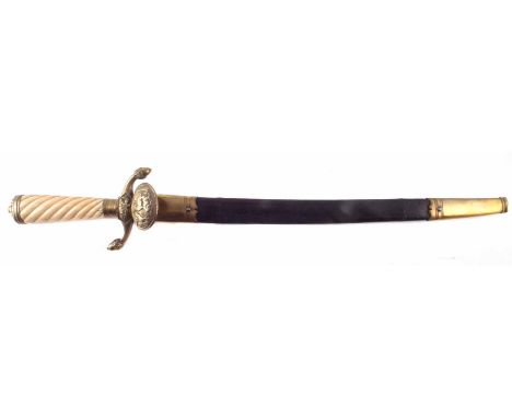 German hunting sword and scabbard, with brass pommel and guard depicting deer and dogs and a huntsman, bone twisted grip, and