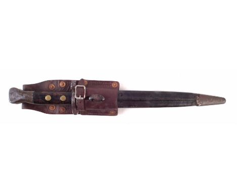 British Lee Metford MkI 1888 bayonet, scabbard and leather frog, stamped Sanderson Sheffield 11/92 43cm overall length. We ar