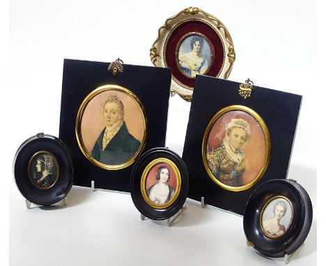 English school, 19th century portrait miniatures of a lady and a gentleman, a pair, watercolours together with four other min