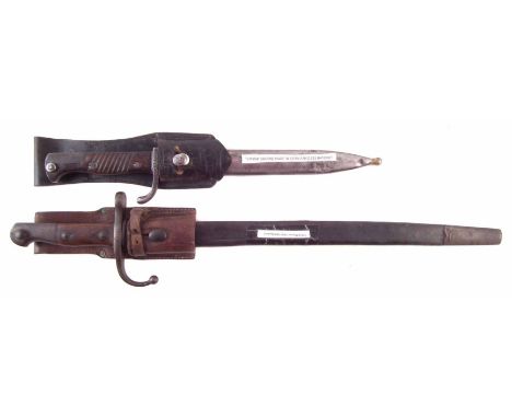 Turkish model 1890 bayonet with scabbard and leather frog, also a Turkish S84/98 bayonet and scabbard with leather frog, (2) 