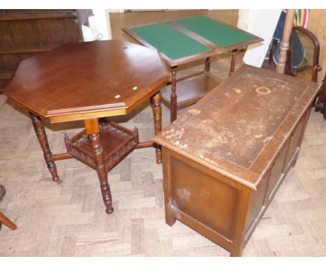 Small fold-over card table, standard lamp, blanket chest and hexagonal Edwardian centre table We are unable to provide condit