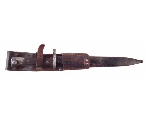 Rumanian made Irish Mannlicher bayonet, scabbard and frog, stamped with OEWG mark to ricasso and frog hook,, 180 serial numbe