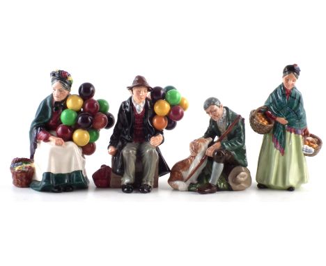 Four Royal Doulton figures, to include The Orange Lady, Old Balloon Seller, The Balloon Man, and The Master. We are unable to