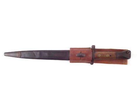 British Lee Metford MkII 1888 bayonet, scabbard and leather frog, stamped C.Mole 3.99. 44cm overall length. We are unable to 