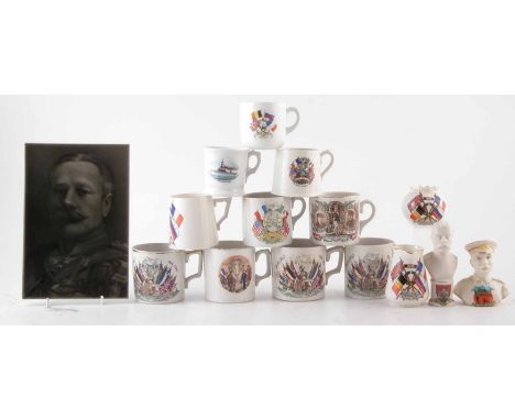 Collection of WWI commemorative pottery by Goss and other makers, also a portrait tile of Haig After Cartlidge We are unable 