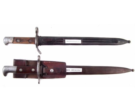 Swiss 1889 bayonet and scabbard with leather frog, with makers stamp Ruegsegger Geneve to reverse of frog, also a Finnish 192