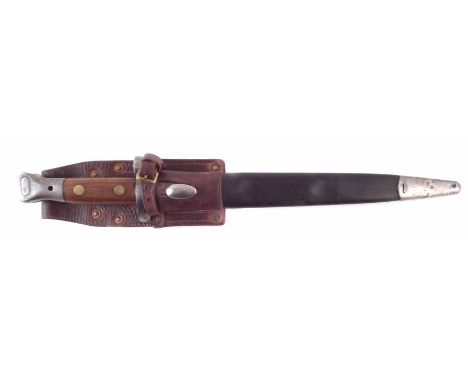 British Lee Metford MkII 1888 bayonet, scabbard and leather frog, stamped '02. 44cm overall length. We are unable to provide 