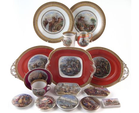 Collection of Prattware and Pratt pot lids, to include seven lids printed with Irish man, The Room in which Shakspeare was bo