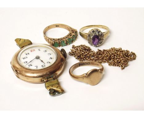 9ct gold chain, two 9ct gold dress rings, ladies wristwatch with gold case and a small 9ct gold signet ring We are unable to 