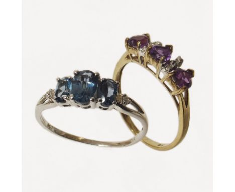 An aquamarine 9ct white gold ring, amethyst and diamond chip 9ct gold ring We are unable to provide condition reports for thi