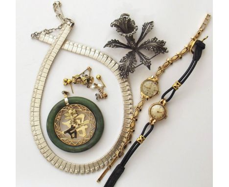 Two 9ct gold ladies cocktail watches, silver necklace , Chinese jade and yellow metal pendant etc We are unable to provide co