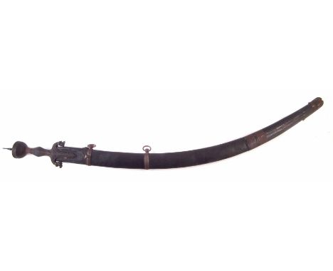 Persian Talwar, with iron hilt and pierced pommel, fullered curved blade, with a scabbard 19th century, 99cm overall length W