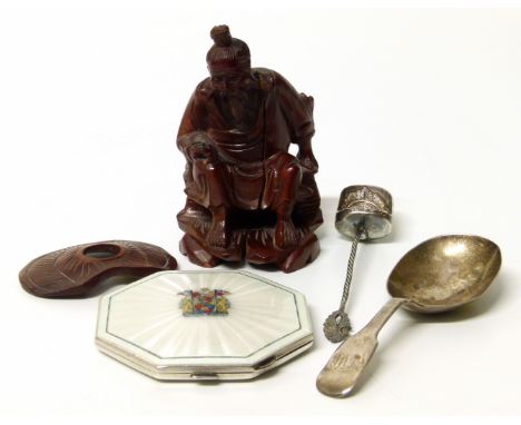 Silver compact with crested enamel face, Irish silver caddy spoon and a silver sugar spoon as well as a Chinese hardwood figu