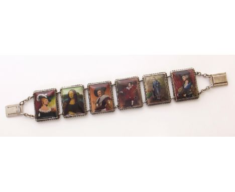 Bracelet fitting with enamel studies of famous portraits to include Di Vinci Mona Lisa, Gainsborough Blue Boy etc, Marked ste